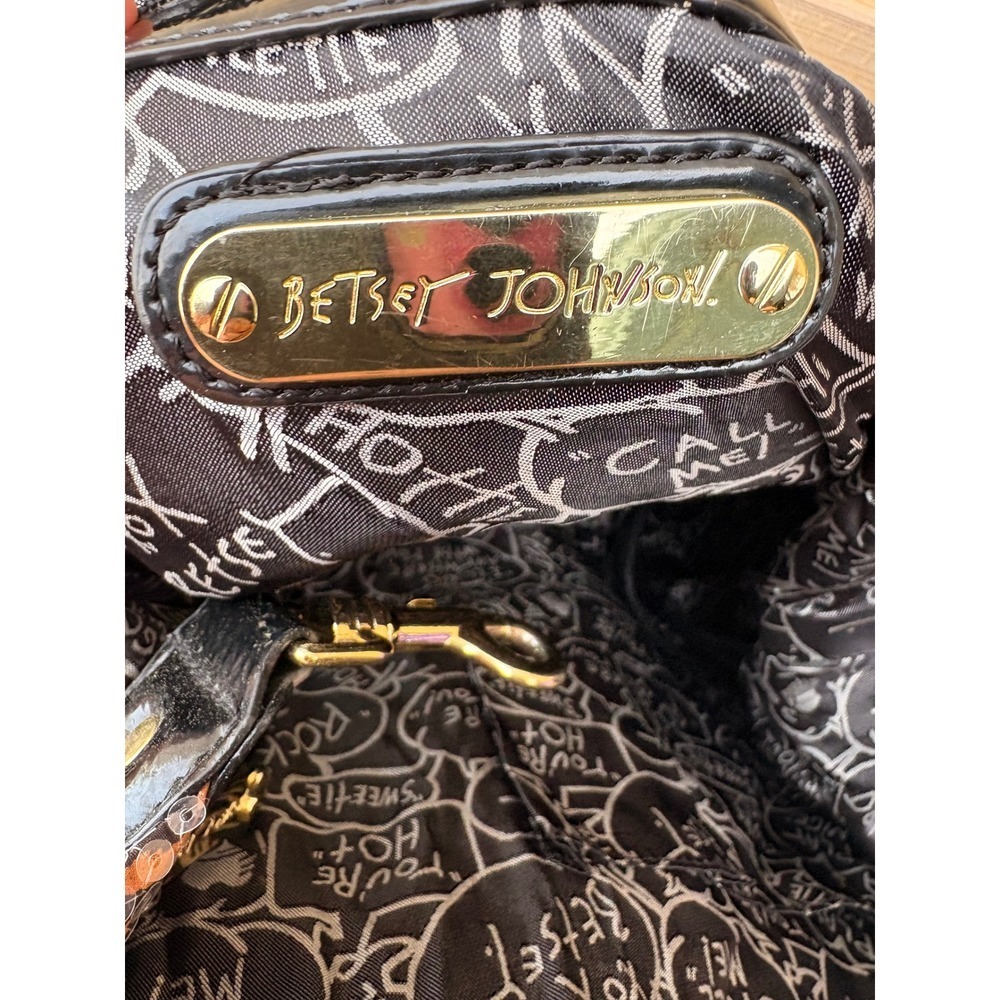 Betsey Johnson Leopard Print Sequin Shoulder Bag Black Patent Trim Gold Hardware - Picture 14 of 15